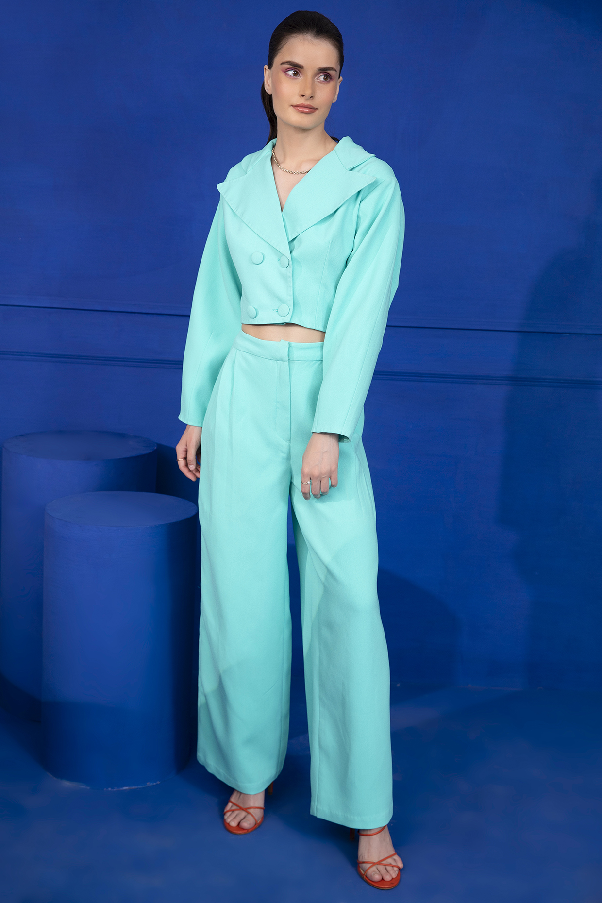 Turquoise Moss Crepe Co-Ord Set by Mani Bhatia at Pernia's Pop Up Shop