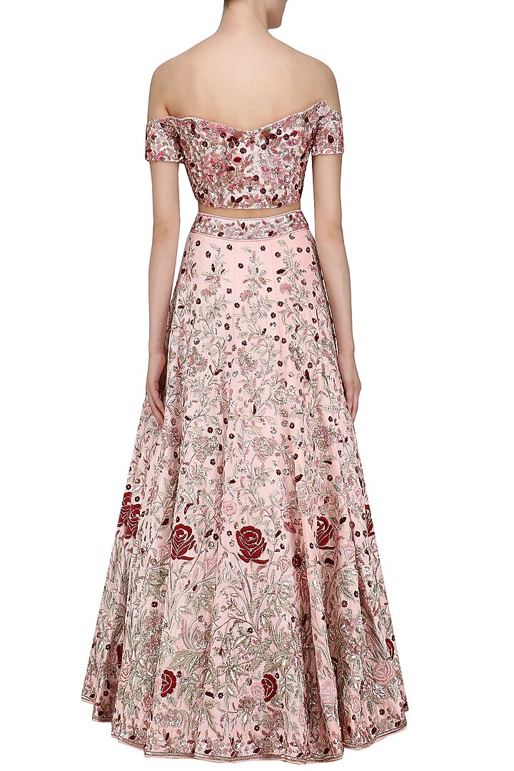 Pink printed blouse and embroidered lehenga set available only at Pernia's Pop Up Shop.