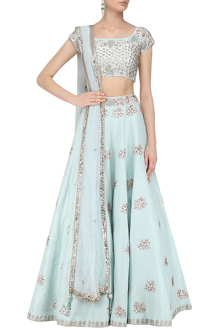 Sky blue cutdana embroidered lehenga set available only at Pernia's Pop Up Shop.