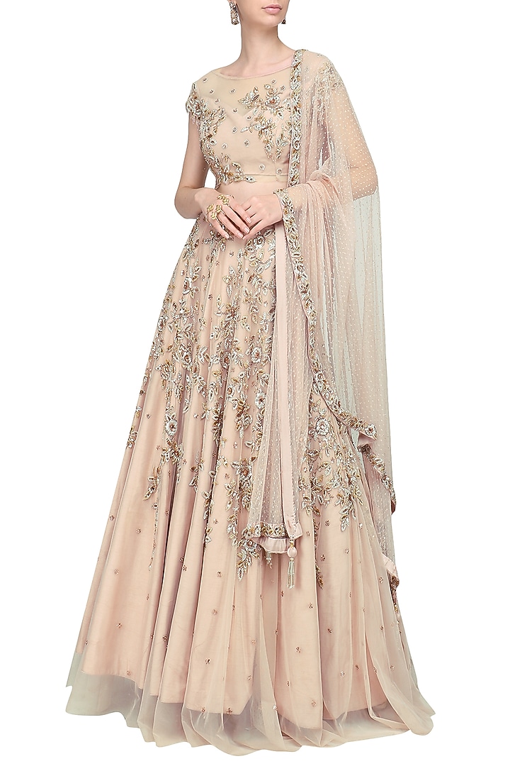 Mud pink embroidered lehenga set available only at Pernia's Pop Up Shop.