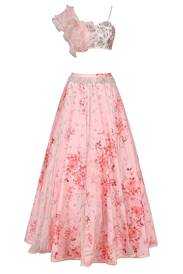 Rose Pink Ruffle Blouse with Printed Lehenga Skirt Set by Mani Bhatia