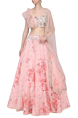 Rose Pink Ruffle Blouse with Printed Lehenga Skirt Set by Mani Bhatia