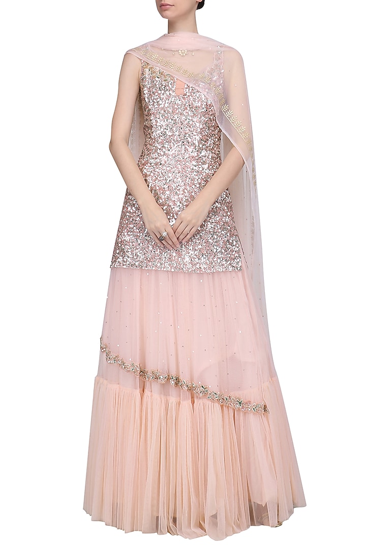Powder pink embroidered kurta with lehenga skirt set available only at Pernia's Pop Up Shop.
