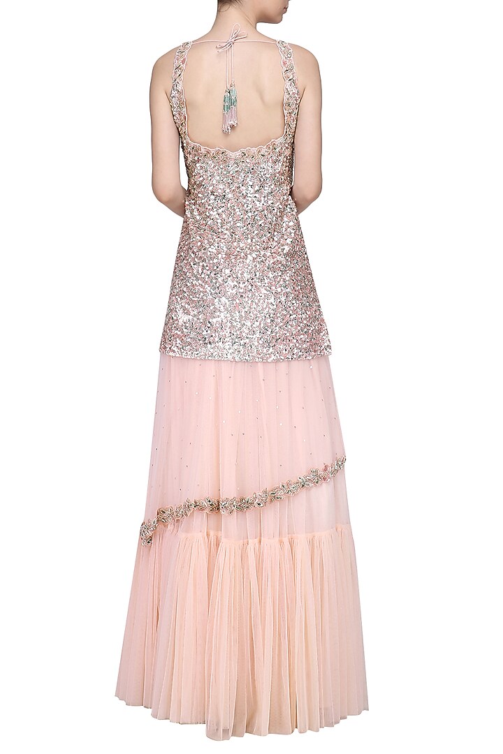 Powder pink embroidered kurta with lehenga skirt set available only at Pernia's Pop Up Shop.