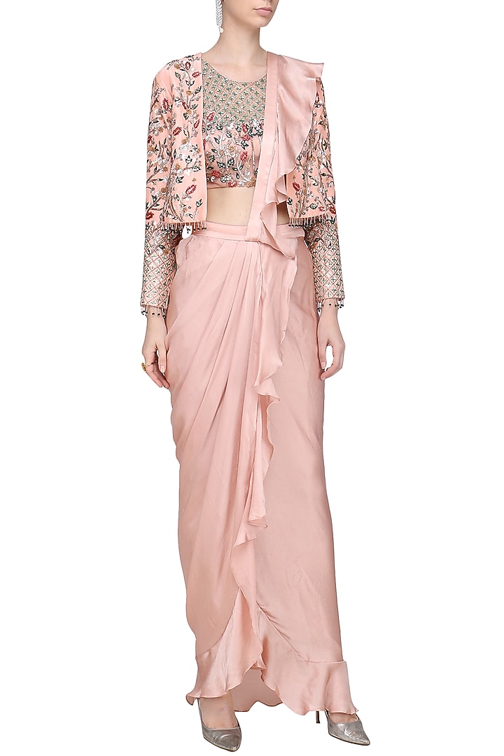 Dusty pink and beige ruffle embroidered drape saree with jacket available only at Pernia's Pop Up Shop.