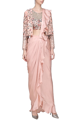 Dusty Pink & Beige Dupion Silk Dabka Embroidered Draped Jacket Saree Set by Mani Bhatia
