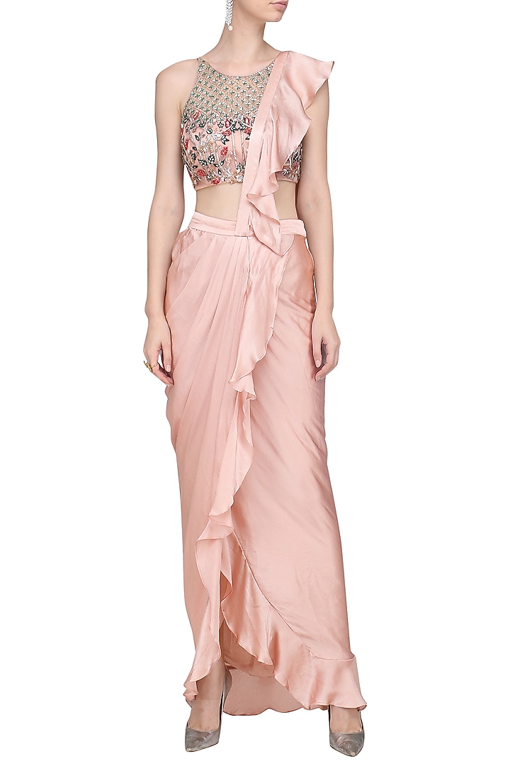 Dusty Pink and Beige Ruffle embellished drape saree available only at Pernia's Pop Up Shop.