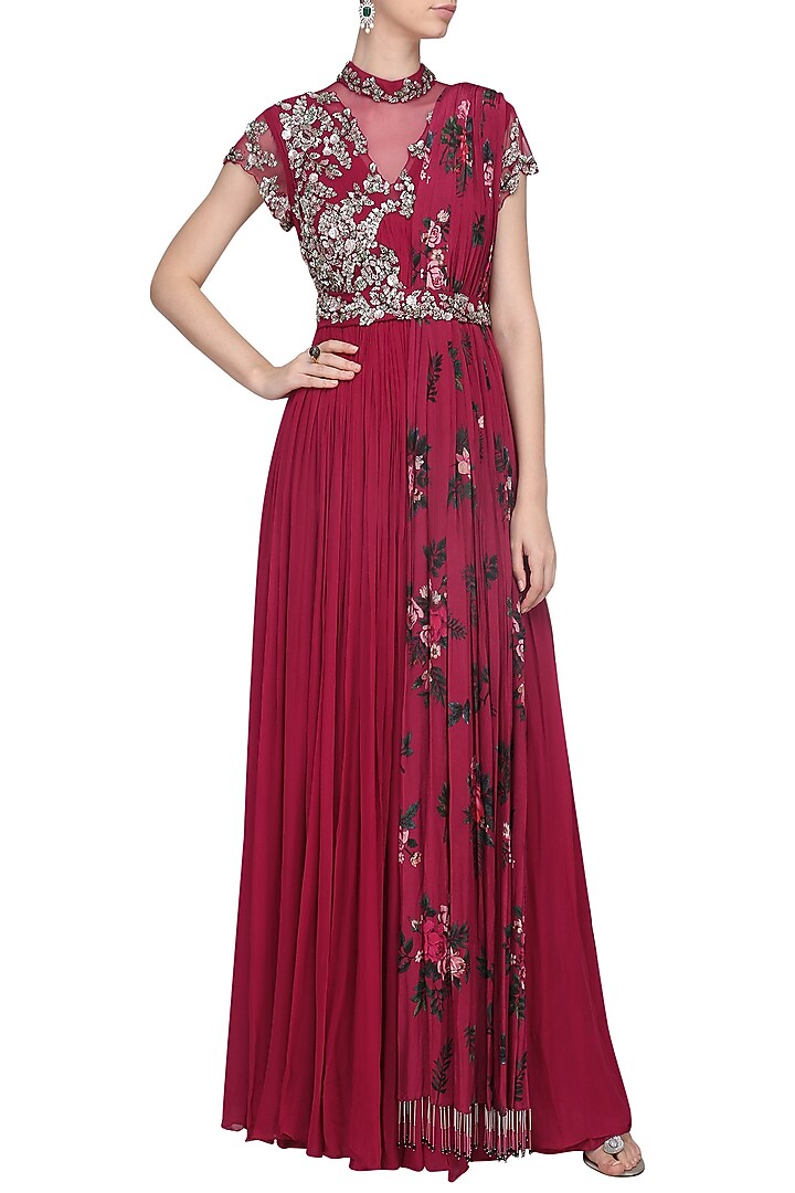 Sangria pink draped anarkali with belt available only at Pernia's Pop Up Shop.