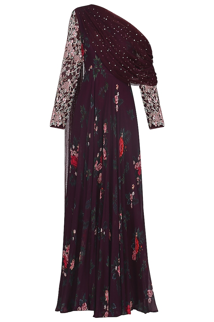 Deep burgundy one shoulder embroidered jumpsuit by Mani Bhatia