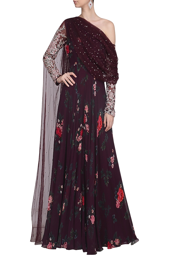 Deep burgundy one shoulder embroidered jumpsuit available only at Pernia's Pop Up Shop.
