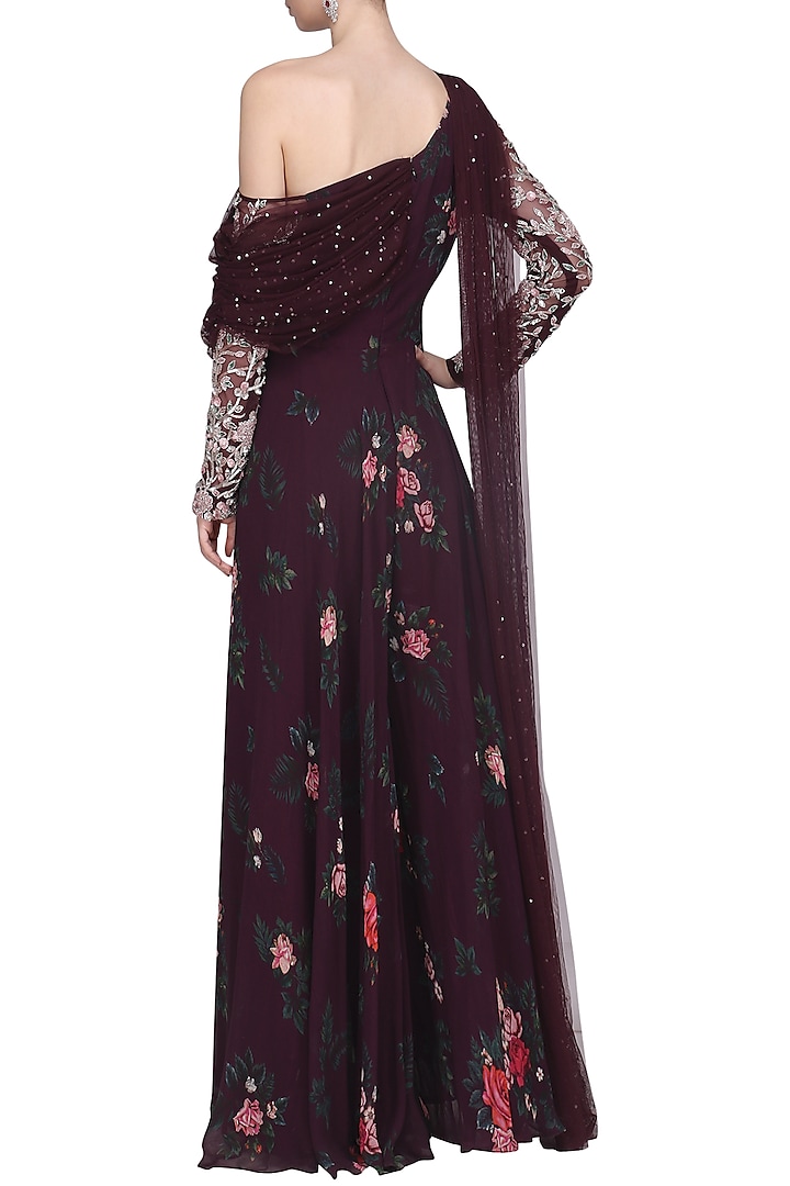 Deep burgundy one shoulder embroidered jumpsuit available only at Pernia's Pop Up Shop.
