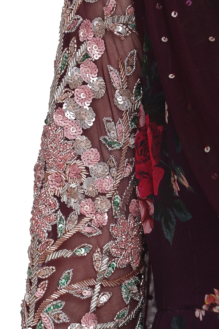 Deep burgundy one shoulder embroidered jumpsuit available only at Pernia's Pop Up Shop.