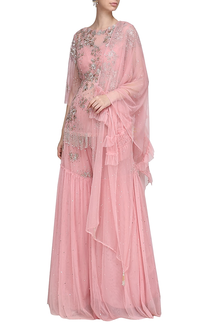 Pink embellished kurta with sharara pants set available only at Pernia's Pop Up Shop.