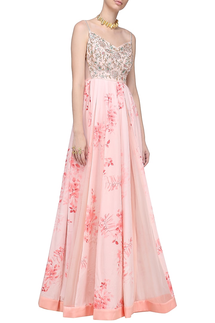 Rose pink printed anarkali with embroidered dupatta available only at Pernia's Pop Up Shop.