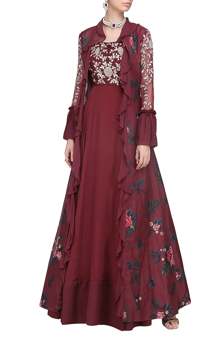 Sangria pink anarkali with printed ruffled jacket available only at Pernia's Pop Up Shop.