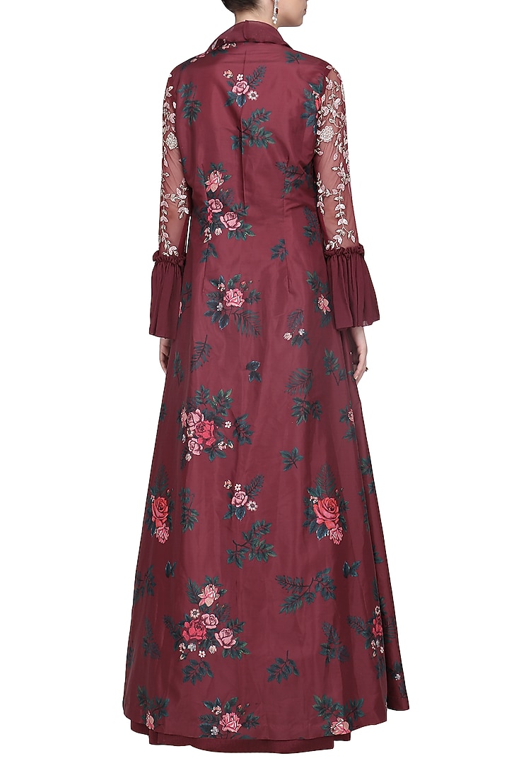 Sangria pink anarkali with printed ruffled jacket available only at Pernia's Pop Up Shop.