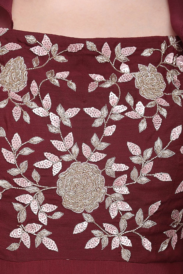Sangria pink anarkali with printed ruffled jacket available only at Pernia's Pop Up Shop.