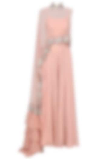 Tea Pink Jumpsuit with Ruffle Embroidered Cape by Mani Bhatia