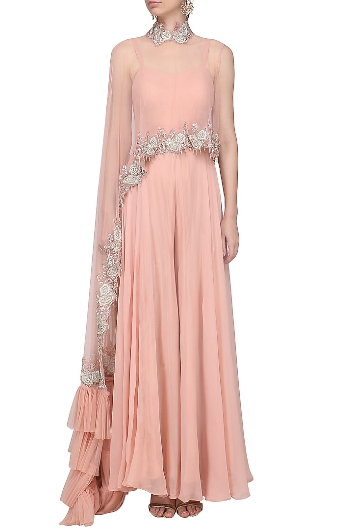 Tea pink jumpsuit with ruffle embroidered cape available only at Pernia's Pop Up Shop.