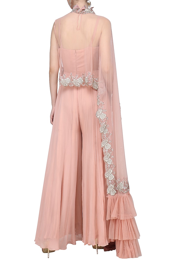 Tea pink jumpsuit with ruffle embroidered cape available only at Pernia's Pop Up Shop.