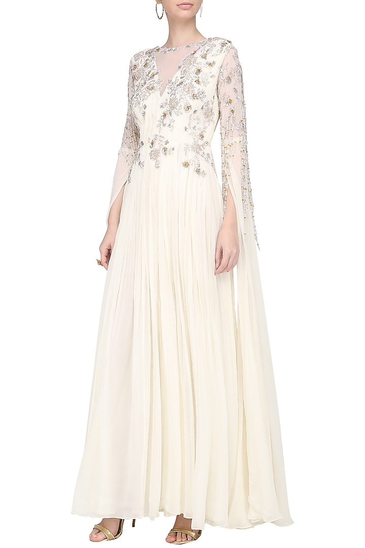 Ivory embellished ruched anarkali available only at Pernia's Pop Up Shop.