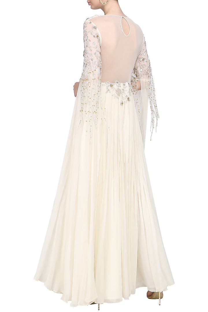 Ivory embellished ruched anarkali available only at Pernia's Pop Up Shop.
