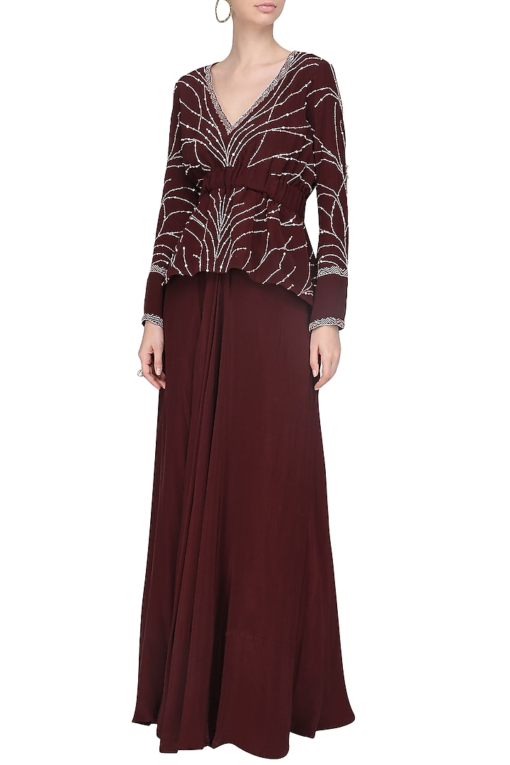 Deep marsala peplum top with drape skirt available only at Pernia's Pop Up Shop.
