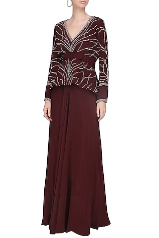 Deep Marsala Peplum Top with Drape Skirt by Mani Bhatia
