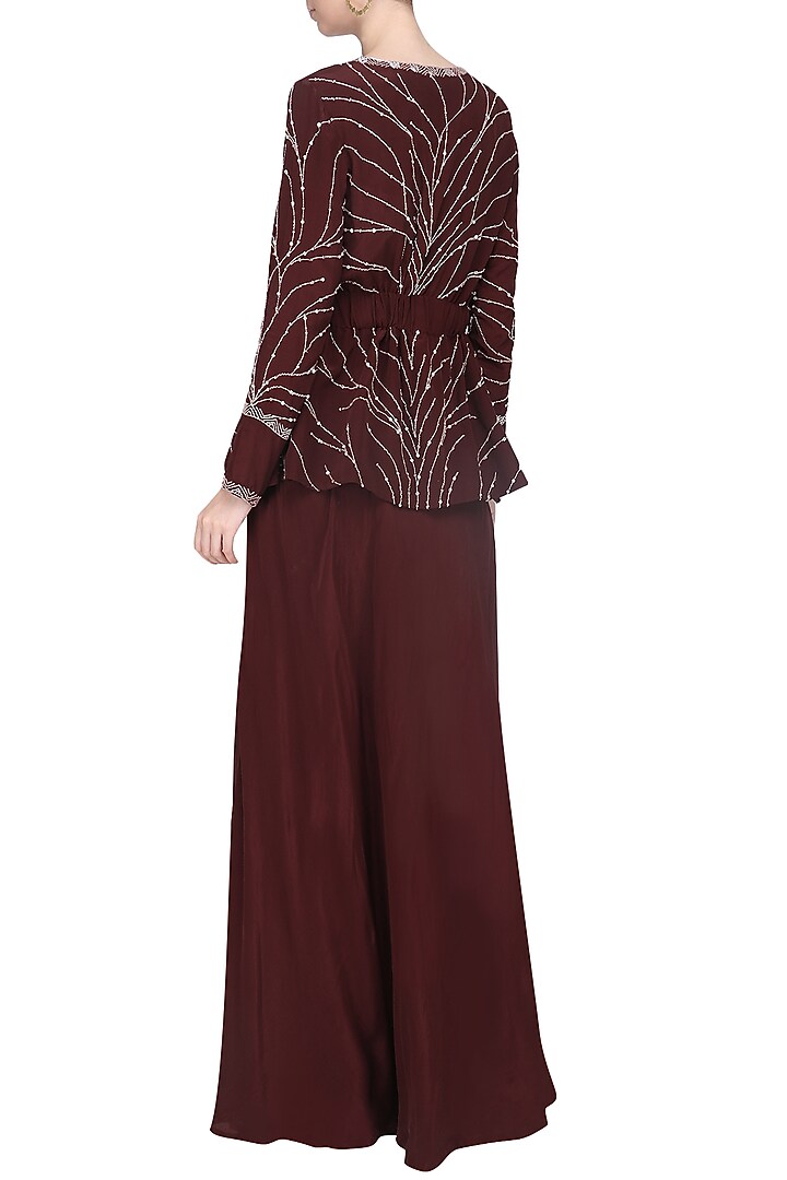 Deep marsala peplum top with drape skirt available only at Pernia's Pop Up Shop.