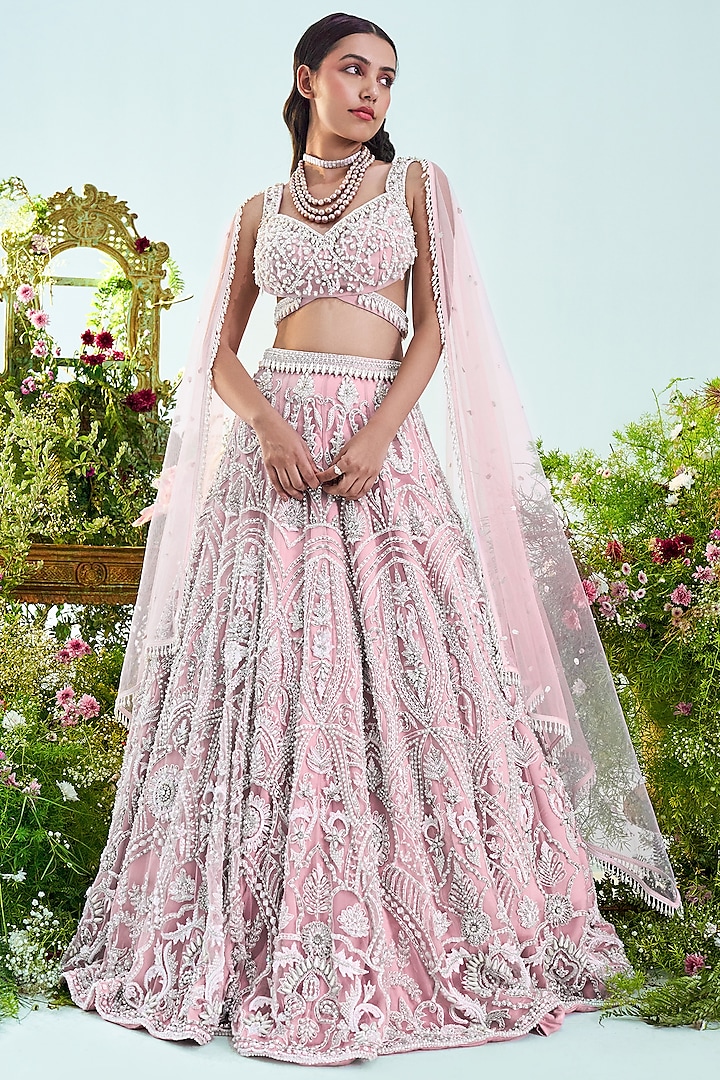 Pink & Pearl Net Cutdana Embroidered Lehenga Set by Mani Bhatia