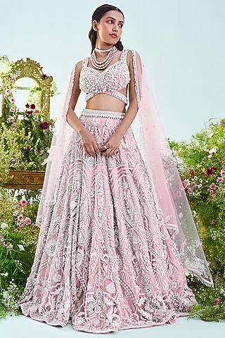 Pink & Pearl Net Cutdana Embroidered Lehenga Set by Mani Bhatia