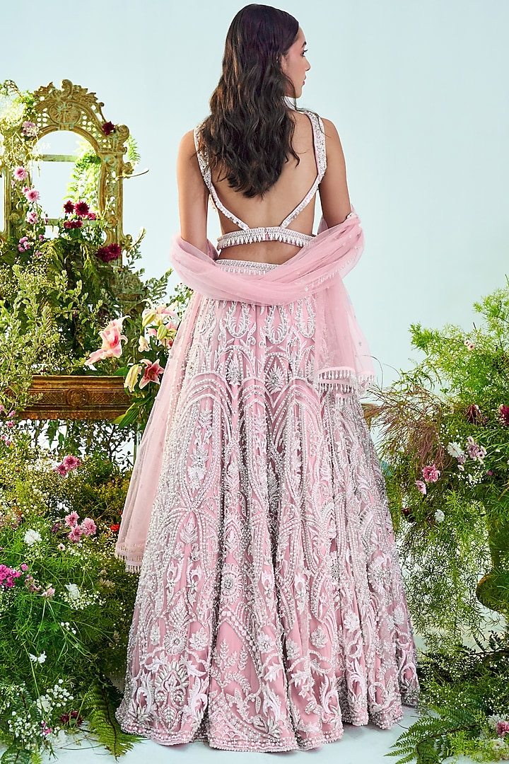 Pink & Pearl Net Cutdana Embroidered Wedding Lehenga Set by Mani Bhatia at Pernia's Pop Up Shop