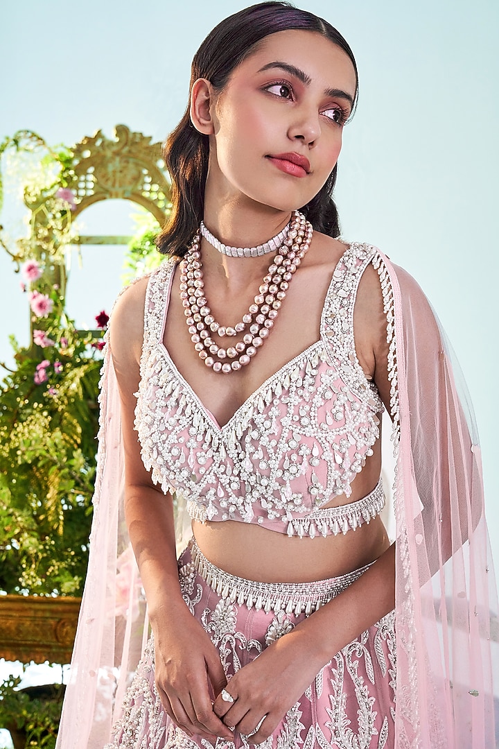 Pink & Pearl Net Cutdana Embroidered Wedding Lehenga Set by Mani Bhatia at Pernia's Pop Up Shop