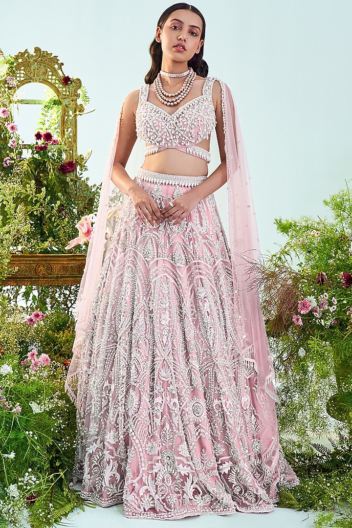Pink & Pearl Net Cutdana Embroidered Wedding Lehenga Set by Mani Bhatia at Pernia's Pop Up Shop
