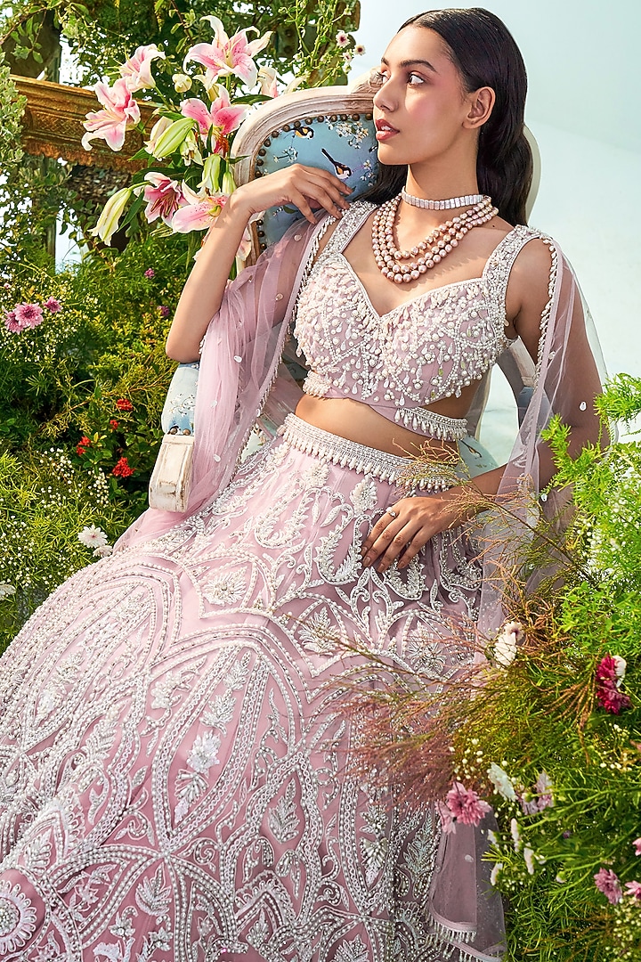 Pink & Pearl Net Cutdana Embroidered Wedding Lehenga Set by Mani Bhatia at Pernia's Pop Up Shop