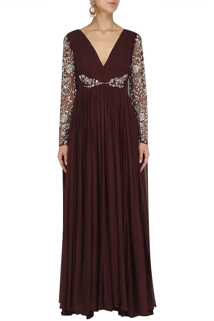 Deep wine embroidered long drape anarkali available only at Pernia's Pop Up Shop.
