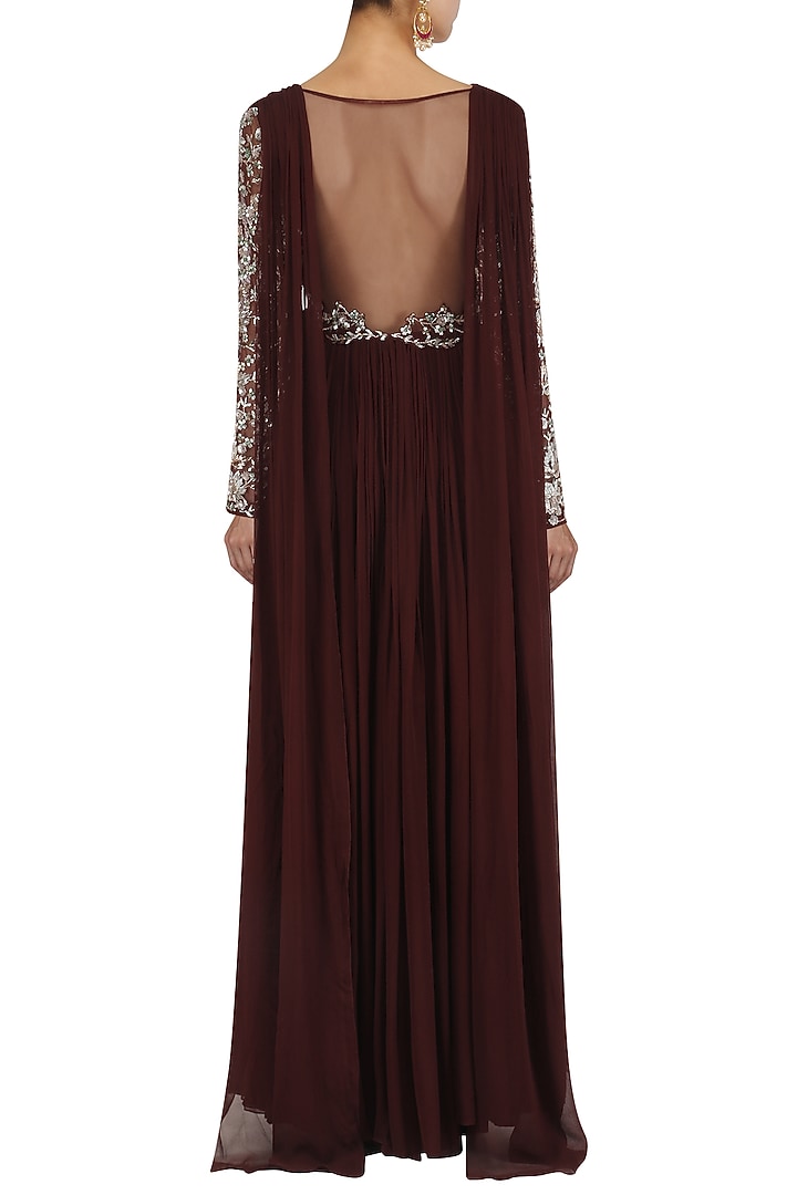 Deep wine embroidered long drape anarkali available only at Pernia's Pop Up Shop.