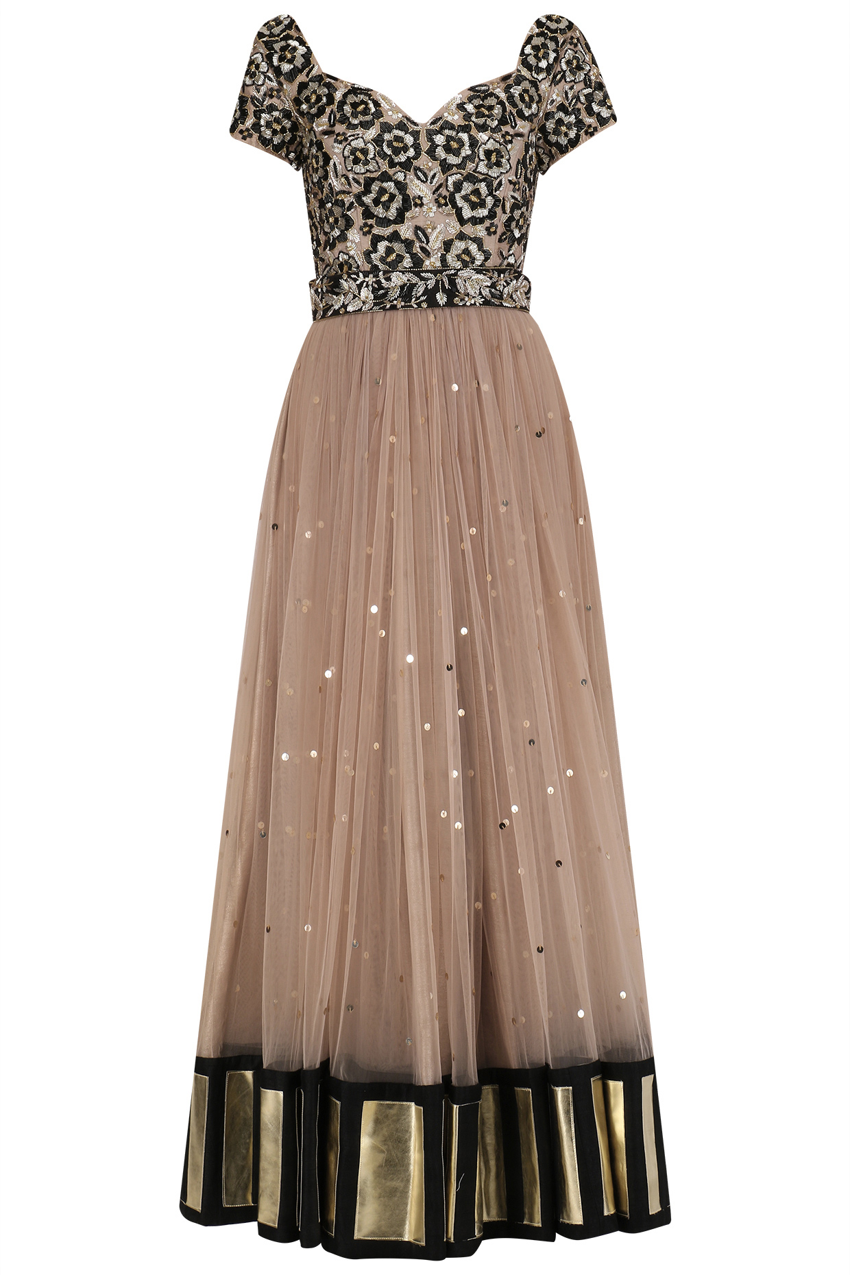 Rose gold sequins embroidered anarkali set available only at Pernia's Pop Up Shop.