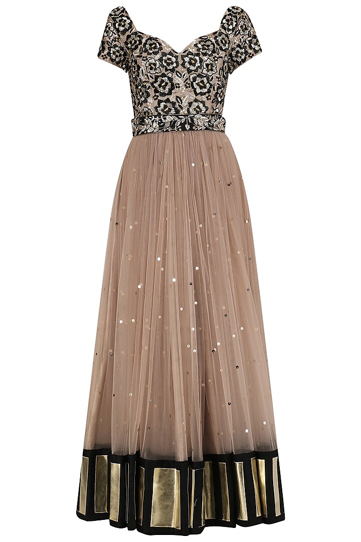 Rose Gold Sequins Embroidered Anarkali Set by Mani Bhatia