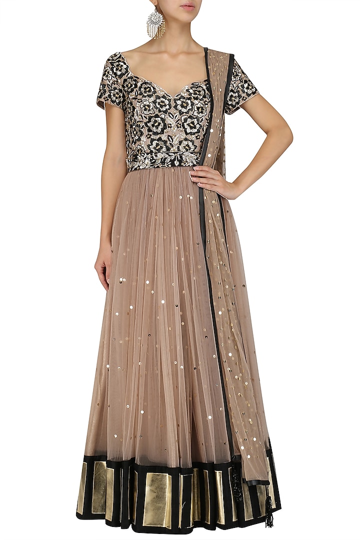 Rose gold sequins embroidered anarkali set available only at Pernia's Pop Up Shop.