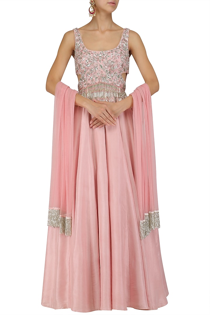Pink tassels and embroidered cutout anarkali set available only at Pernia's Pop Up Shop.