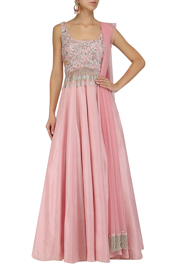 Pink tassels and embroidered cutout anarkali set available only at Pernia's Pop Up Shop.