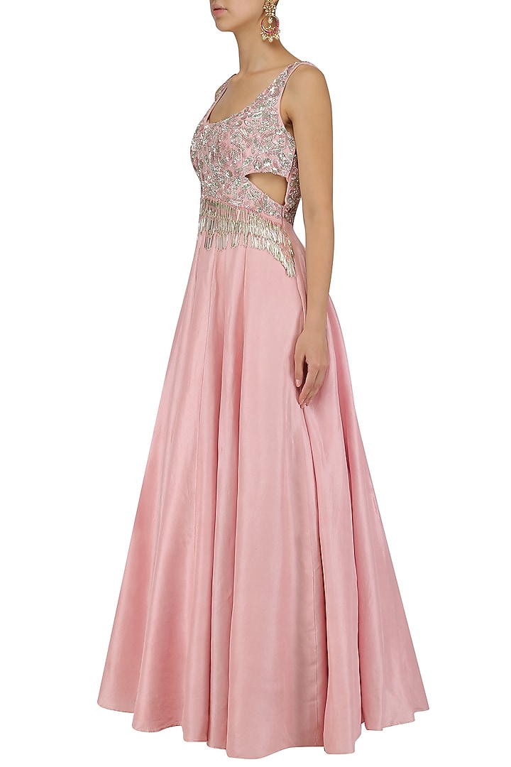 Pink tassels and embroidered cutout anarkali set available only at Pernia's Pop Up Shop.
