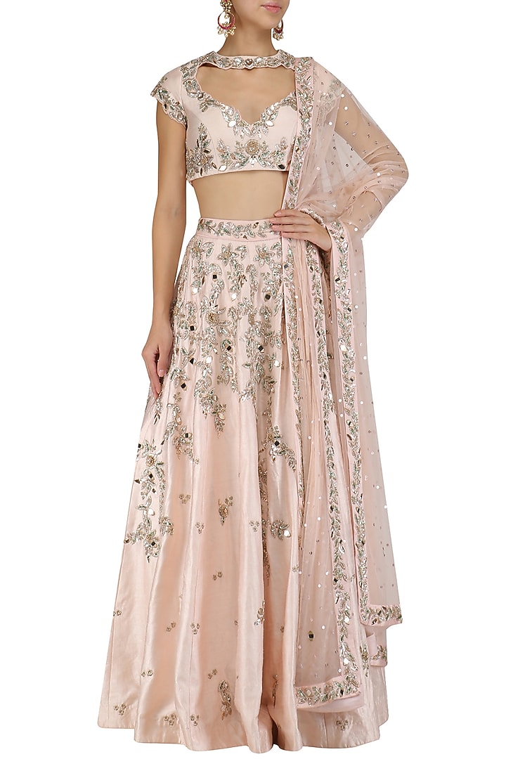 Baby pink mirror and mukaish work lehenga set available only at Pernia's Pop Up Shop.