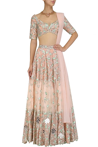Peach and Green Resham Embroidered Lehenga Set by Mani Bhatia