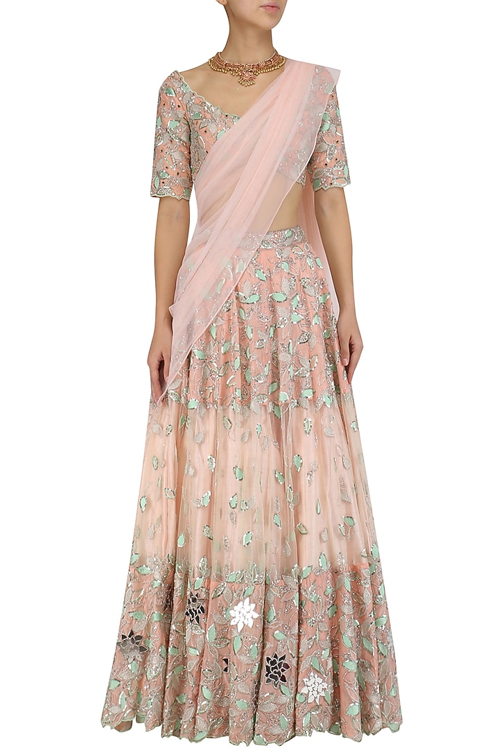Peach and green resham embroidered lehenga set available only at Pernia's Pop Up Shop.