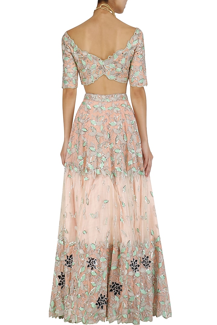 Peach and green resham embroidered lehenga set available only at Pernia's Pop Up Shop.