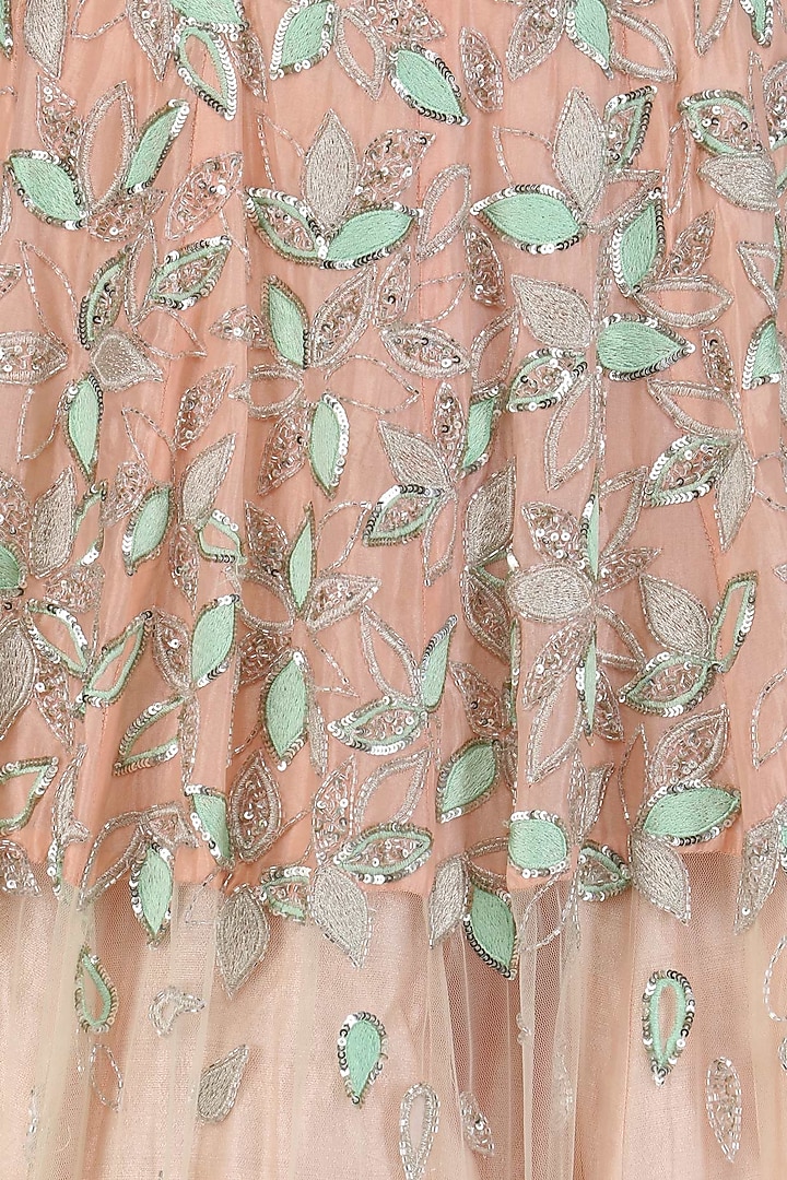 Peach and green resham embroidered lehenga set available only at Pernia's Pop Up Shop.
