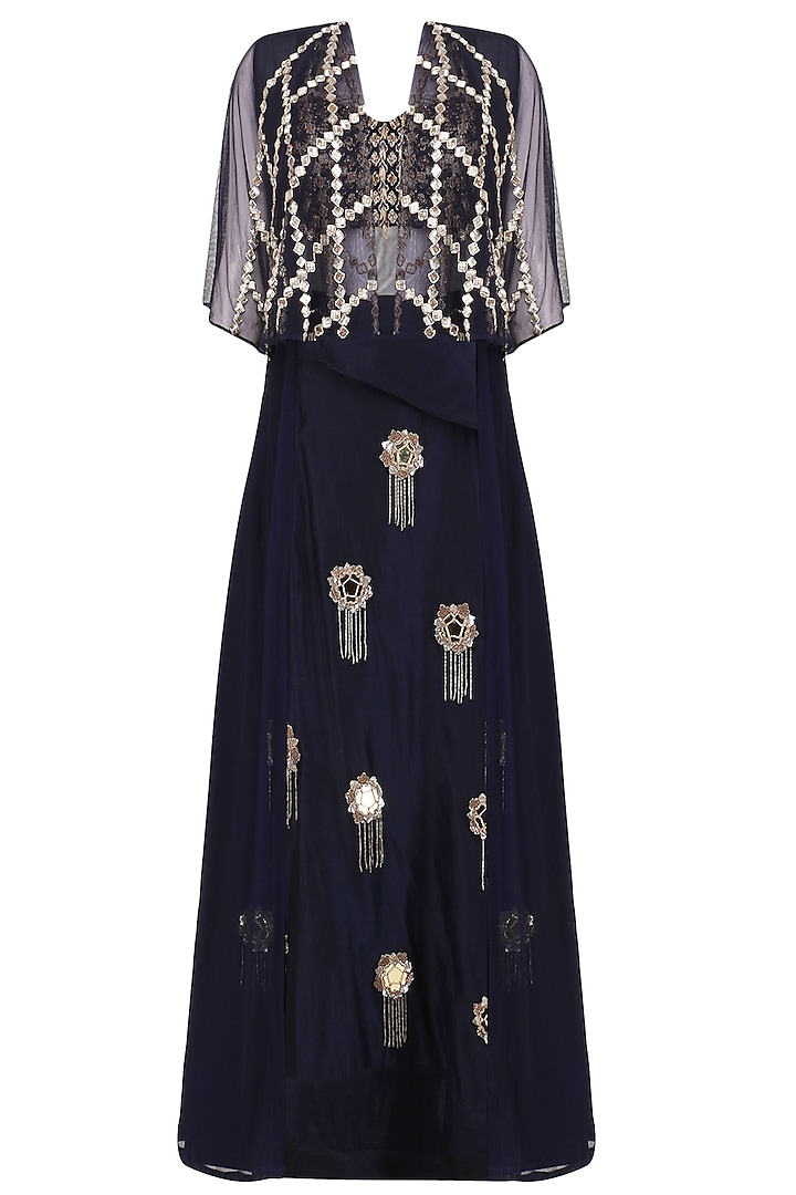 Midnight Blue Cutdana Work Blouse, Skirt and Cape Set by Mani Bhatia