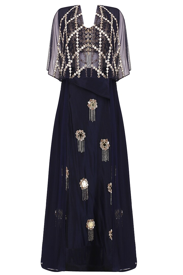 Midnight blue cutdana work blouse, skirt and cape set available only at Pernia's Pop Up Shop.